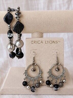 Erica Lyons Art Glass Silver Foil Crystal Beaded Bracelet and Earrings Set NOC